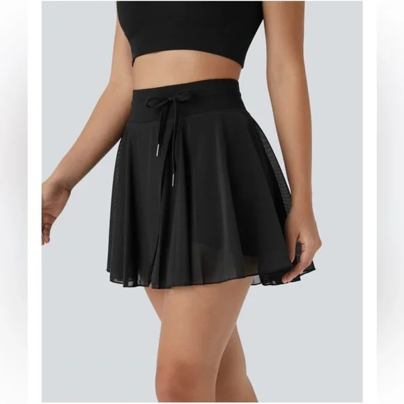 High Waisted Drawstring Contrast Mesh Flowy Mini Flare Casual Skirt/Skort - Picture 4 of 11